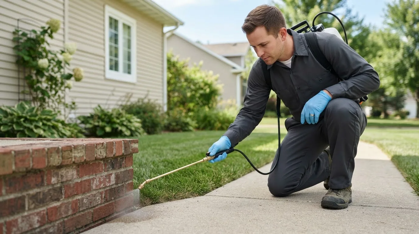Pest control technician treating a home near Horse Shoe, NC
